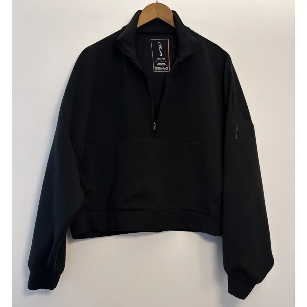 Nike24.7 Dri-Fit 1/2 Zip Pullover Cropped Sweatshirt Size L Black Preppy Stretch